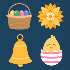 Cute Flat Easter Illustration with Basket, Flower, Bell, and Chick Elements