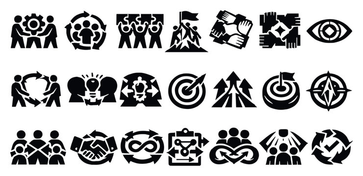 Alignment in Teamwork in bold style: team collaboration, synchronized effort, group synergy, goal alignment, team communication, shared vision, collaborative. Vector icons