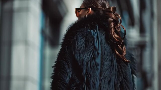 Elegant fashion model wearing a luxurious fur coat and sunglasses in a city setting, showing confident high end style and modern glamour