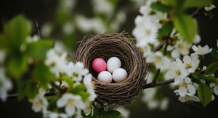 Fototapeta premium Bird nest with colorful eggs in blooming tree
