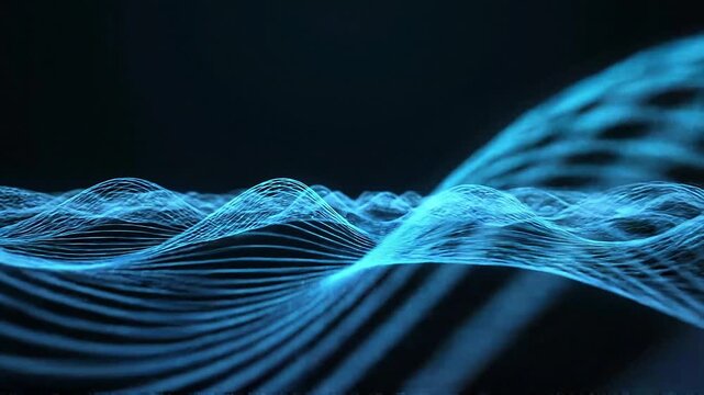 A dynamic close-up perspective of glowing blue digital waves forming a textured surface with distinct peaks and troughs against a dark, undefined background.