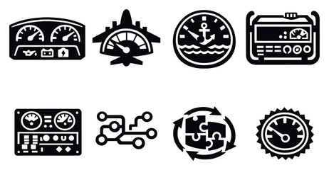 Applications and integration in bold style: vehicle dashboard, aircraft fuel gauge, marine fuel meter, generator tank monitor, industrial equipment panel. Vector icons