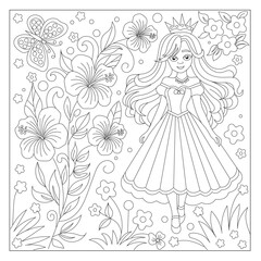 Minimalist floral line and doll drawing for coloring page