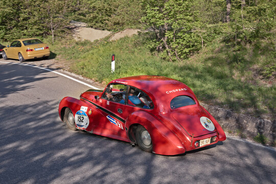 Vintage Healey 2400 Elliott (1947) in historical classic car race Mille Miglia, Passo della Futa (FI) Italy - May 21, 2016