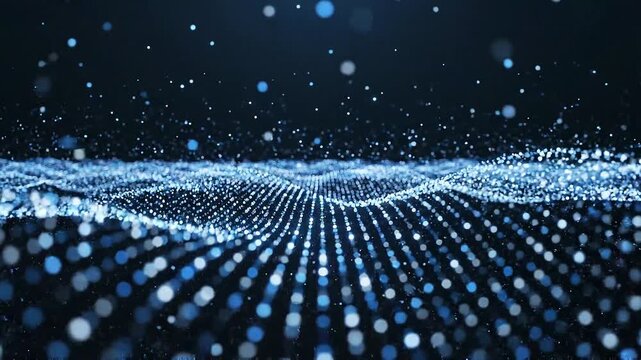 A dynamic close-up perspective of glowing blue digital waves forming a textured surface with distinct peaks and troughs against a dark, undefined background.