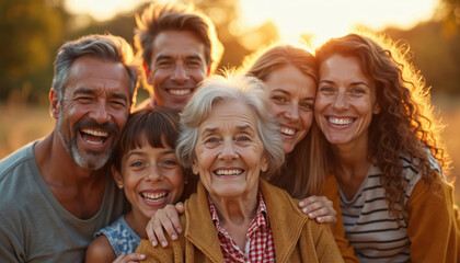 Fototapeta premium Multigenerational family smiles warmly in golden hour light. Diverse group shares happy moments outdoors connecting across ages. Cherished relationships, laughter, love define this joyful gathering.
