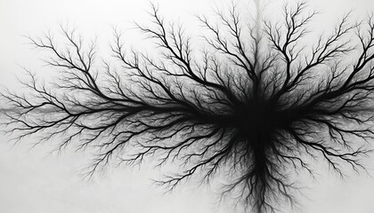 Obraz premium Complex abstract pattern of thin black lines forming a dense web on white backdrop. Organic structure resembles tree branches or vascular system. High contrast monochrome design.