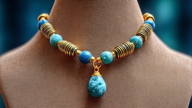 Gold necklace featuring ancient Egyptian-inspired beads and blue opal accents, displayed on a mannequin in a museum setting with soft lighting and a blurred background