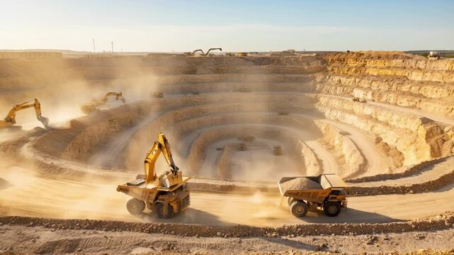 Sunlit wide medium shot capturing heavyduty trucks and excavators maneuvering through the intricate layout of a phosphate rock openpit mine.