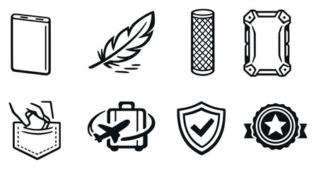 Obraz na płótnie Canvas Portability and design features in outline style: slim power bank, lightweight feather, textured grip, rugged casing, pocket size outline, travel friendly icon. Vector icons