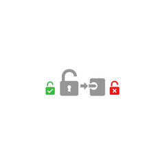 Fototapeta premium Modern flat vector illustration showing a secure unlock sequence: green check open padlock to gray locked padlock with arrow to red locked padlock with X mark. 