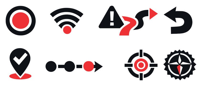 Navigation feedback and monitoring in bold style: live position dot, signal waves, deviation alert, correction arrow, arrival confirmation checkmark, journey. Vector icons