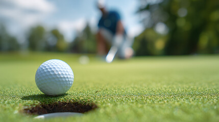 Obraz premium White golf ball close to hole on green grass with blurred man golfer putting in background. Sports game and outdoor activity.