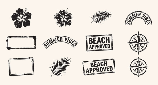Summer vibes beach approved stamps and labels with tropical flowers and feathers