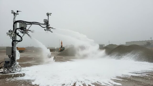 Medium shot of weatherresponsive dust control system with sensors triggering misting and foam simultaneously reducing airborne particles on a windy day.