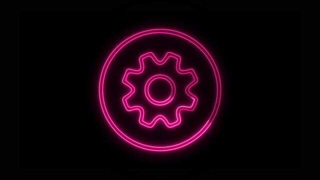 Glowing neon pink gear icon rotating within a circular frame on a dark background, technology, settings, engineering, configuration, or customization