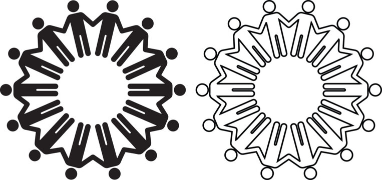 Set of two circular vector icons featuring stylized people holding hands to represent community, unity and teamwork, designed in solid black silhouette and linear outline art styles.
