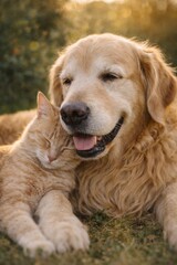 Golden retriever dog smiling while relaxing outdoors on grass during sunny afternoon