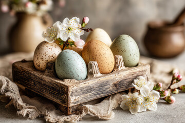 Obraz premium Easter eggs in different colors are arranged in a wooden bowl. Nearby, white flowers add a touch of spring. The setting has a soft, natural vibe, perfect for the holiday