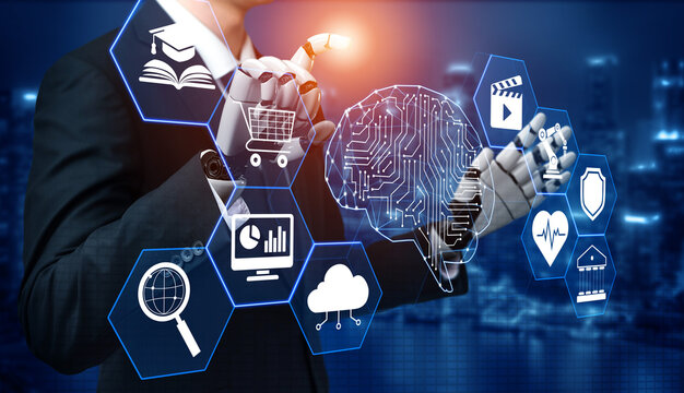 Business professional using digital technology to create innovative solutions with icons representing education, e-commerce, data analysis, and healthcare in a modern city background Quark.