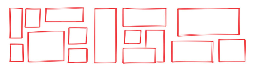 Hand drawn frame borders set, scribble rectangle and square outlines, abstract doodle box collection for text and design on transparent background