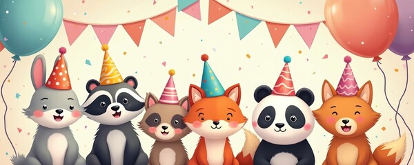 Fototapeta premium Cute woodland animals celebrate with party hats balloons and banners. Rabbit raccoon fox panda friends have fun together at festive birthday party gathering. Adorable critters enjoy happy celebration.
