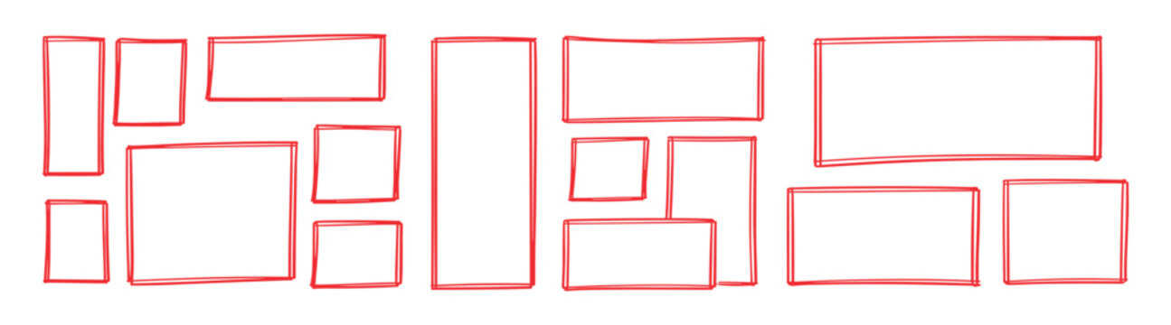 Hand drawn frame borders set, scribble rectangle and square outlines, abstract doodle box collection for text and design on transparent background