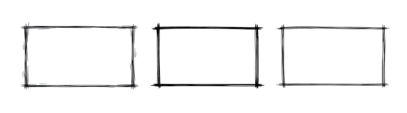 Hand drawn rectangle frame and border vector illustration set, editable sketch outline shapes, doodle graphic elements and simple artistic rectangle designs on transparent background