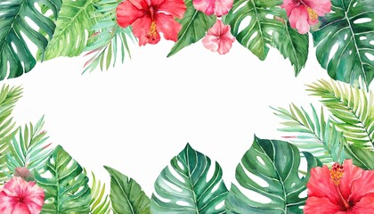 watercolor tropical floral frame with monstera leaves and hibiscus flowers