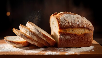a partially sliced loaf of crusty bread dusted with flour sits on a wooden cutting board against a dark background two slices are cut revealing the soft airy interior