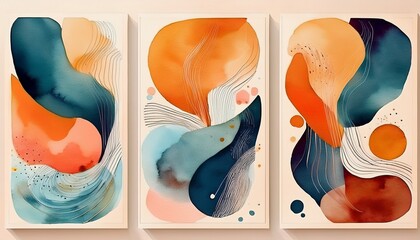 abstract watercolor art prints with organic shapes in warm and cool tones