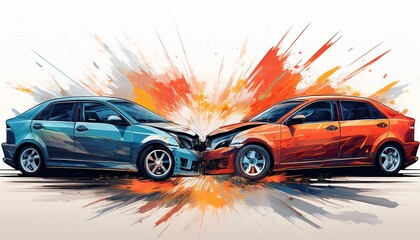 two cars accident violently facing each other isolated on white background ai generated