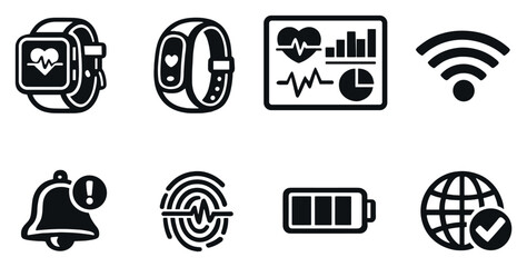 Smart wearables overview in outline style: smartwatch device, fitness band, health dashboard, wireless signal, notification alert, biometric sensor, battery. Vector icons