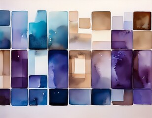 watercolor squares and rectangles in shades of blue purple and brown on white