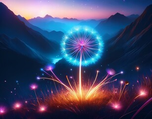 neon dandelion glowing in a dreamy mountain landscape blending surreal light and calm nature aesthetic perfect for modern creative branding