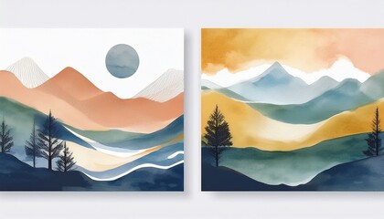 abstract watercolor mountain landscape art prints in calming colors