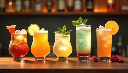 Obraz premium Five colorful cocktails with ice and fruit garnishes sit on a bar. Drinks include red, orange, yellow, and green beverages. Refreshing drinks are ready to serve.