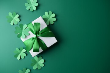 St. Patrick day background. Gift box with a green satin ribbon bow and paper clover leaves on a green background