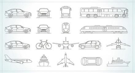 Collection of Transportation Vehicle Line Art Icons. © Dandi