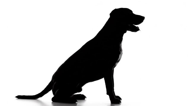 Clean cinematic silhouette of a sitting dog shown in side profile against a bright background.