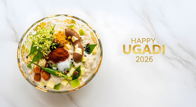 Happy ugadi text bowl pacchadi dish mango neem flower tamarind jaggery salt chili hindu festival food meal celebration culture tradition marble background