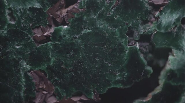 Macro: polished section of malachite under a microscope with a resolution of 2.68 microns and a field of view of 15 mm. Striped green texture with inclusions