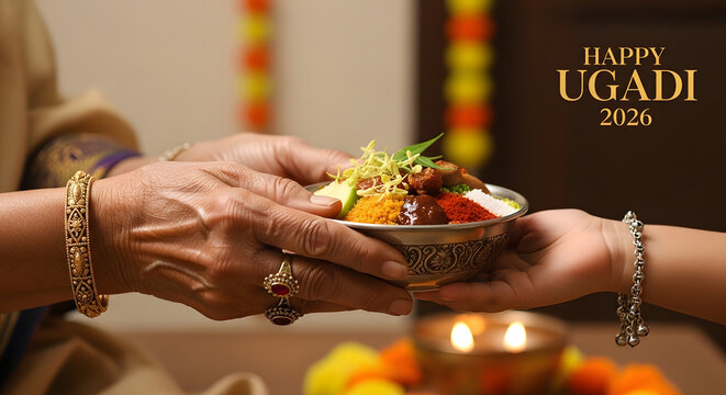Traditional ugadi pachadi dish offering hand woman child bowl neem leaf jaggery mango hindu new year festival food culture ritual celebration health jewelry