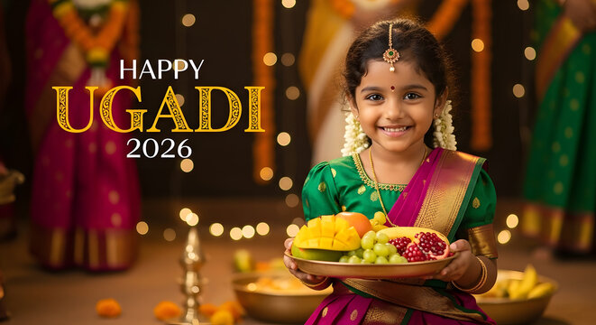 Happy ugadi 2026 greeting card child girl smiling holding fruit platter mango banana grape jaggery leaf tradition culture celebration
