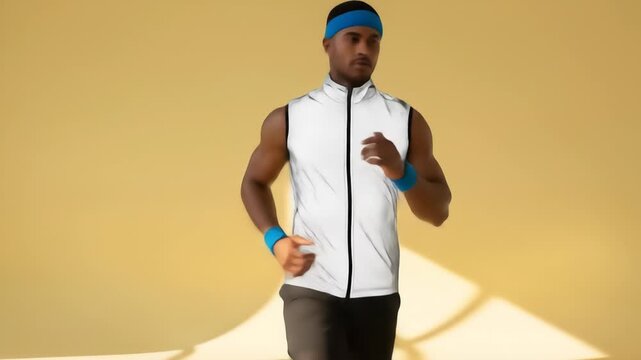 A fit man with a blue headband and wristbands runs forward, wearing a white patterned athletic vest and black shorts. A yellow background features sunlight casting shadows. Captured in a studio.