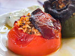 Rice-stuffed tomatoes and pepper on Crete island 