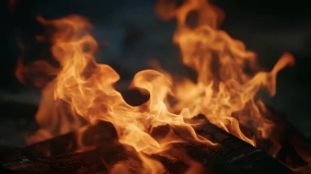 Vibrant orange flames engulfing wooden logs in a dark setting