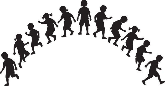 Children running in a circle holding hands together happily