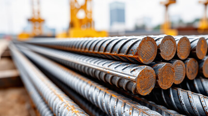 close up video of stacked steel rebar rods at construction site, showing raw materials used for concrete reinforcement and large scale building projects