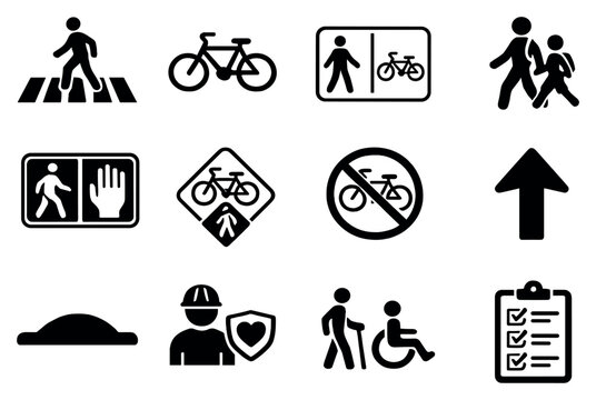 Pedestrian and Bicycle Signs in outline style: crosswalk stripes sign, bike lane symbol, shared path sign, school zone sign, pedestrian signal icon, bicycle. Vector icons